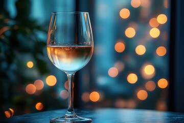 Elegant glass of white wine on a table with blurred lights in the background during evening relaxation
