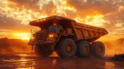 Fototapeta premium A massive earth moving vehicle is illuminated by sunset colors