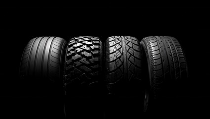 Different types of tires displayed against a dark background showcasing their textures and tread patterns