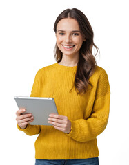 Naklejka premium A young business woman with tablet computer, isolated on transparent background. Business concept.