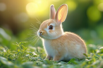 Cute young rabbit sitting in green grass during a sunny afternoon in a peaceful garden setting
