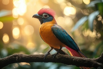 Fototapeta premium Colorful tropical bird perched on a branch in a sunlit forest during dawn