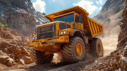 A large yellow mining truck moves along a rocky dirt road