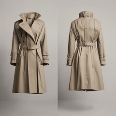 Classic beige trench coat front and back view on neutral background