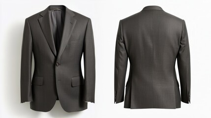 Classic dark gray check pattern suit jacket front and back view on white background