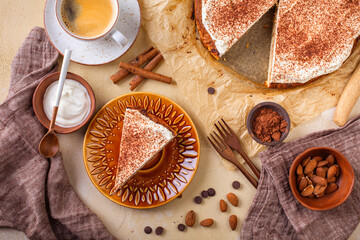 Homemade gluten free almond and cinnamon cake with cup of coffee