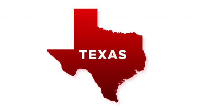 Animated map of the U.S. state of Texas on white background. The outline appears first, followed by a smooth red gradient fill and bold "TEXAS" text in the center. Clean, minimal motion design. 4K