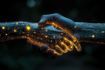 Hands unite, showcasing connection and technology through a digital and luminous handshake in a darkened environment