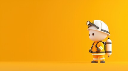 Fototapeta premium Cheerful cartoon character in hardhat and bright yellow uniform standing with construction tools and equipment