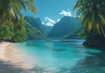 Obraz premium Tropical beach paradise with clear turquoise water, palm trees, and scenic mountains.
