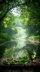 Serene Green Tea Break in a Lush Forest Stream