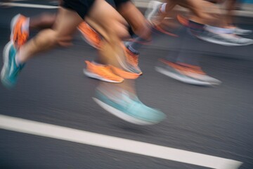 Runners sprinting on a city street during a vibrant marathon event in the early morning light