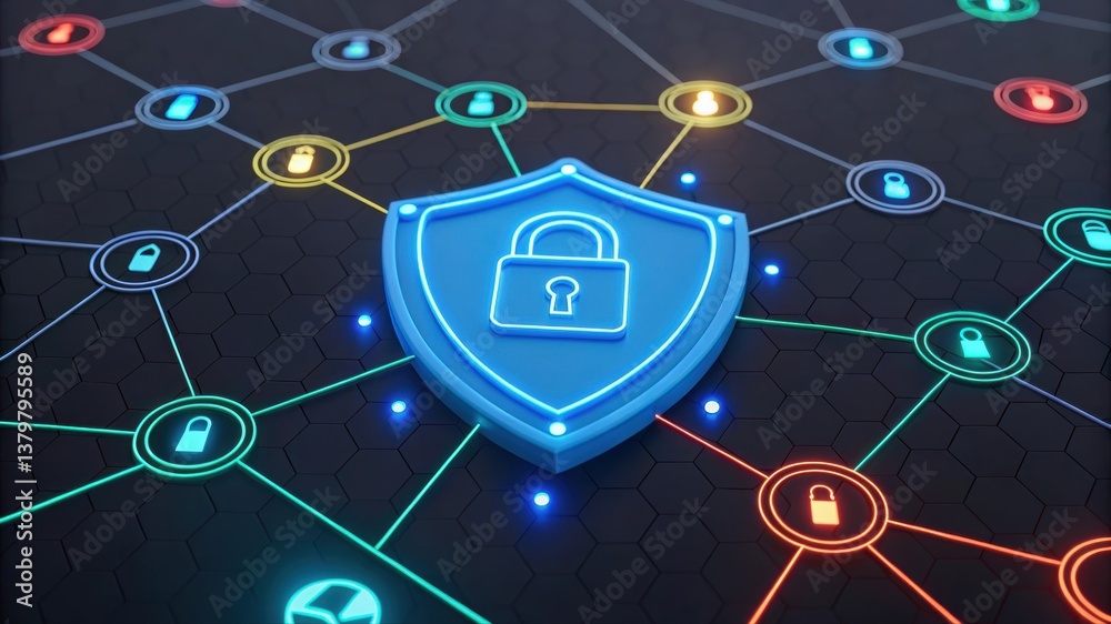 Poster digital security concept featuring a shield with a lock, symbolizing protection and connection in a 