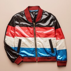 Fototapeta premium Vibrant striped bomber jacket with gold zipper on neutral background
