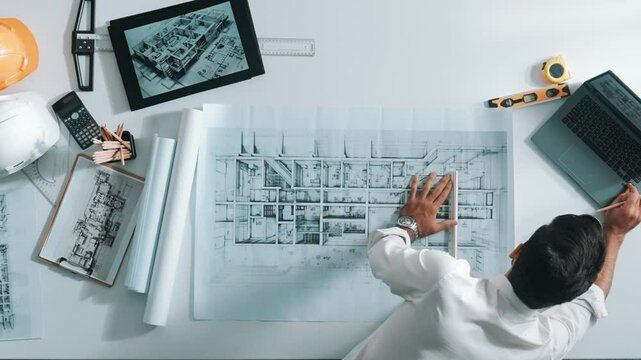 Top view of smart civil engineer drawing and measuring blueprint by using ruler. Aerial view of architect scatch building project plan at meeting table with equipment and safety helmet. Alimentation.