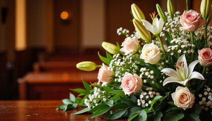 Elegant casket spray with lilies and roses in funeral chapel, remembrance