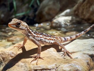 Naklejka premium Small Brown Lizard Standing on Rock Near Water with Striped Pattern