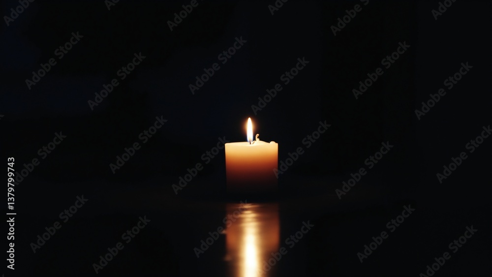 Poster Softly Glowing Candle in a Dark Room Creating a Serene Atmosphere with Gentle Light Reflections on the Floor Surrounded by a Calm Setting