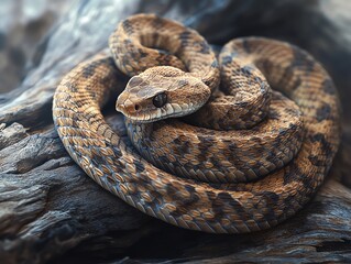 Obraz premium Resting Patterned Snake Coiled on Wood in Captivating Close-up Shot