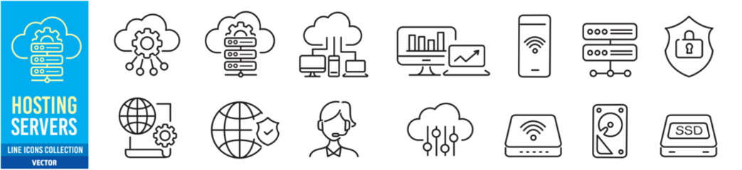 Hosting servers editable line icons set. Vector icons collection illustration.