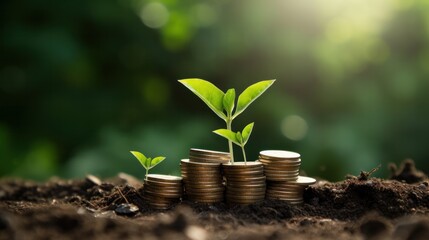 A pile of coins with small plant saplings growing out of them, symbolizing the integration of green