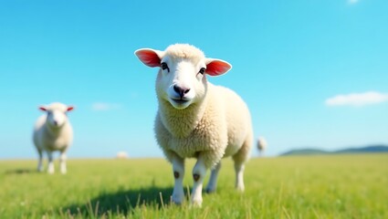 Obraz premium Nature’s Harmony: White Sheep Roaming a Vibrant Green Landscape