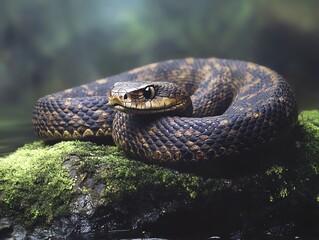 Coiled Viper Snake Resting on Mossy Rock Near Water with Blurred Background