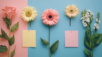 Colorful flowers with notes on a vibrant backdrop.