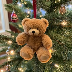 plush teddy bear ornament on a decorated christmas tree