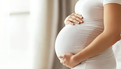 pregnant woman gently cradles her belly, showcasing beauty of motherhood in serene indoor setting
