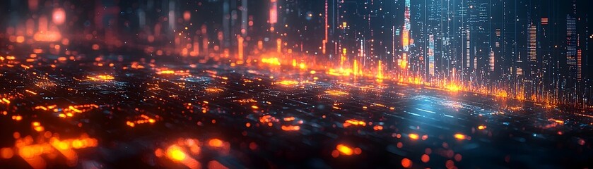 Naklejka premium Vibrant Cityscape Illuminated by Futuristic Digital Lights