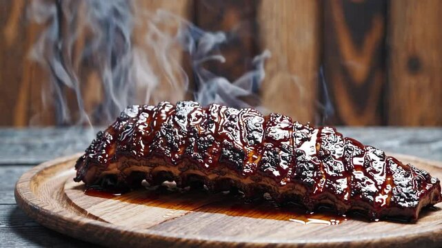 Succulent bbq ribs smoking on a wooden platter in rustic setting with rising smoke