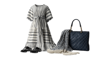 Striped Dress, Navy Quilted Bag, Leopard Print Scarf, and Black Sandals on Transparent Background