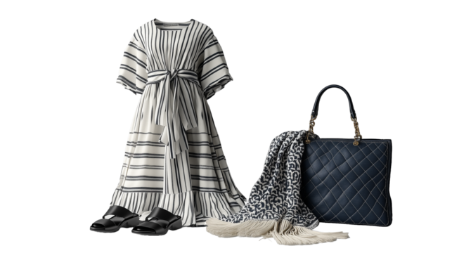 Striped Dress, Navy Quilted Bag, Leopard Print Scarf, and Black Sandals on Transparent Background