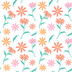 Floral pattern with orange and pink daisies, seamless vector background