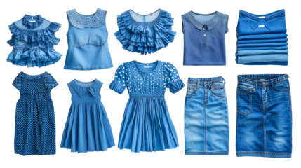 Stylish Blue Clothing Array, Ruffle Tops, Polka Dot Dress, Denim Skirts on Transparent