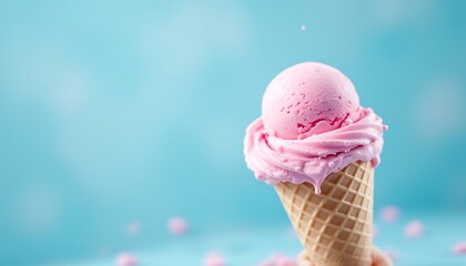 Delicious Pink Ice Cream Cone on Light Blue Background Summer Treat