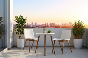 A minimalist apartment balcony with a small table and chairs, potted plants