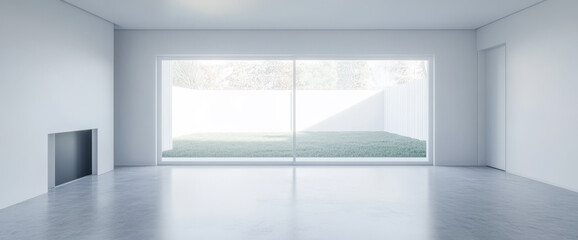 Fototapeta premium Modern minimalist interior design featuring spacious living area with large windows