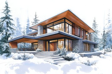 Modern Luxury House Design in Winter Landscape Surrounded by Snow and Evergreen Trees
