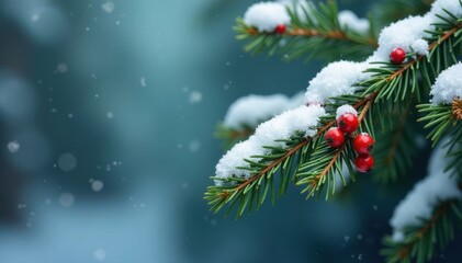Snow-covered coniferous branch with pine needles and red berries in the corner of a room, greenery, festive centerpiece