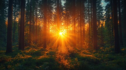 Obraz premium Golden Sunlight Pierces Pine Forest at Sunset