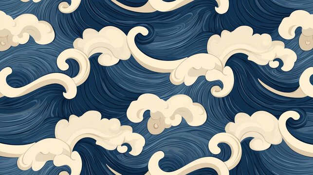 Seamless navy blue and cream waves pattern