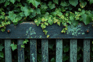 Fototapeta premium Ivy grows over a weathered, teal wooden fence, showcasing nature's resilience and beauty.