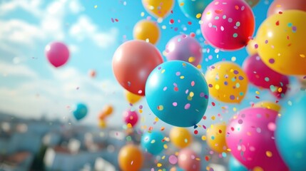 Colorful balloons and confetti in the sky