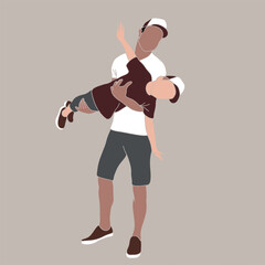 Vector freehand illustration of a Father playing with his Son in a flat style in beige tones. Hand drawn postcard, background for Father's Day