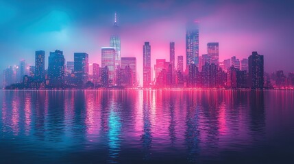 City skyline at night, vibrant colors
