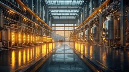 Obraz premium Industrial facility interior with glowing tanks