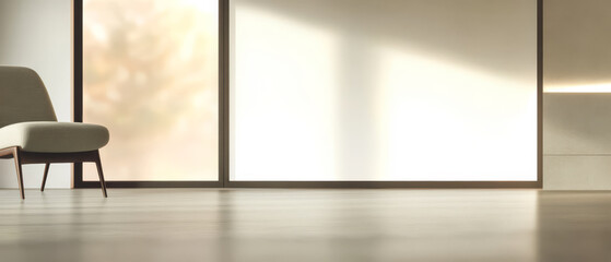 Fototapeta premium Modern interior design showcasing minimalistic chair in bright airy room with large windows