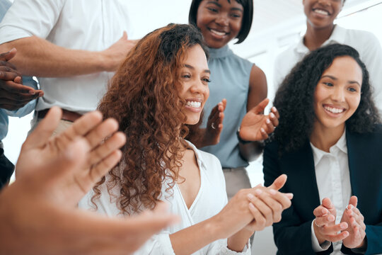 Business people, clapping and laptop in office for celebration, collaboration and company success. Team, applause and diversity in workplace for achievement, partnership and project development